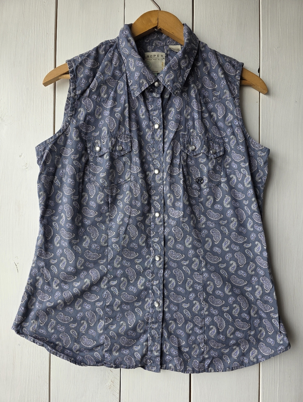 Roper Paisley Blue Sleeveless Button Down Shirt Western Womens Large